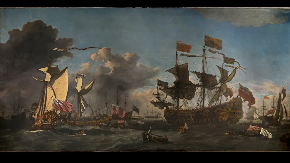 A dramatic oil painting showing a number of warships at sea. This image shows the painting after it has been conserved. Compared to how it looked previously, the sky is a brighter shade of blue, the sails are clear and parts of the painting have been cleaned
